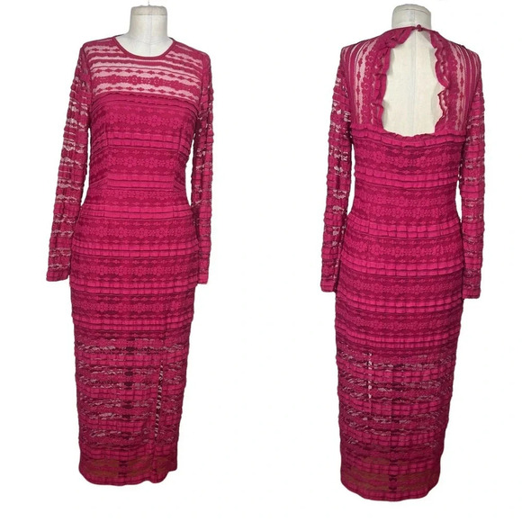 Saylor Suzie Long Sleeve Lace Sheath Midi Dress‎ Fuchsia Pink Size Medium - Picture 1 of 12